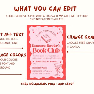 May include: A pink and red invitation template for a Romance Reader's Book Club. The invitation includes editable text, graphics, and colors. The text reads "Romance Reader's Book Club" and includes details for an evening of wine, cheese, and discussion.