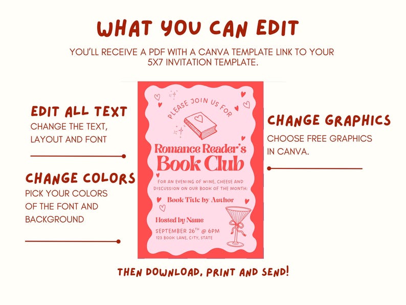 May include: A pink and red invitation template for a Romance Reader's Book Club. The invitation includes editable text, graphics, and colors. The text reads "Romance Reader's Book Club" and includes details for an evening of wine, cheese, and discussion.