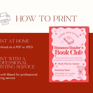 May include: A red and pink invitation for a Romance Reader's Book Club, featuring text and illustrations. The invitation includes details about the event, such as the date, time, and location. Instructions on how to print the invitation are also included.