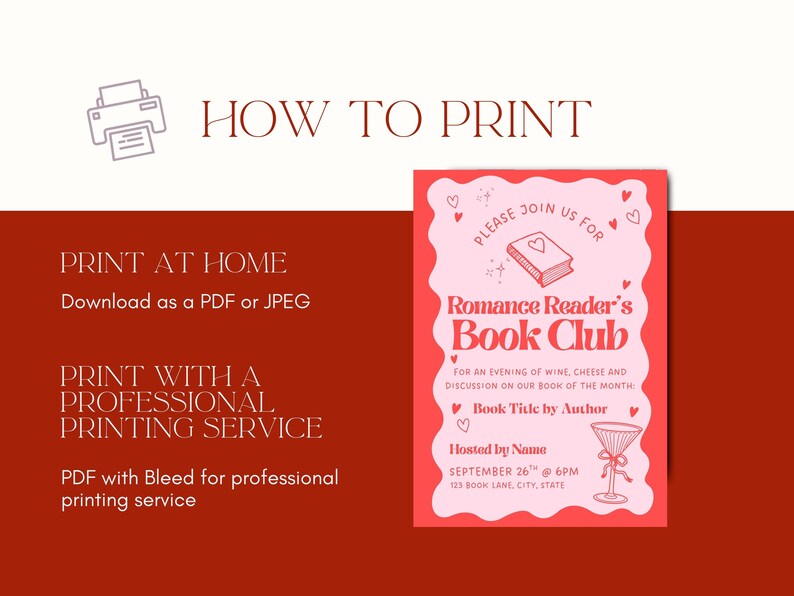 May include: A red and pink invitation for a Romance Reader's Book Club, featuring text and illustrations. The invitation includes details about the event, such as the date, time, and location. Instructions on how to print the invitation are also included.