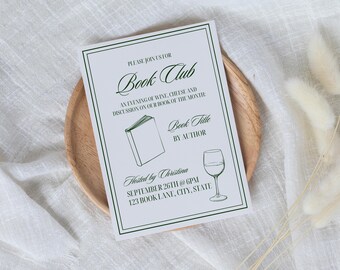 Modello di invito minimalista per club del libro: verde e crema (download digitale modificabile da Canva)