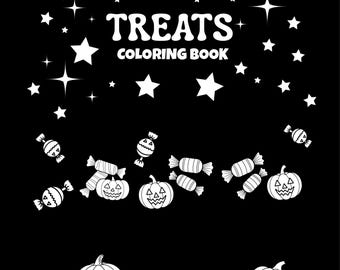 Halloween Treats Printable Coloring Book (PDF) | Cute Ghosts, Candy and Pumpkins | Spooky Halloween Activity Pages for Kids & Adults