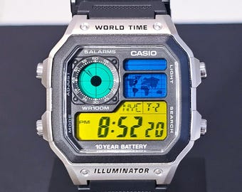 Reloj Casio AE1200 personalizado: Mod de pantalla multicolor - Hora mundial