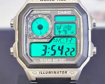 Reloj Casio AE1200 Mod personalizado: Pantalla a color única - Reloj de pulsera digital con hora mundial