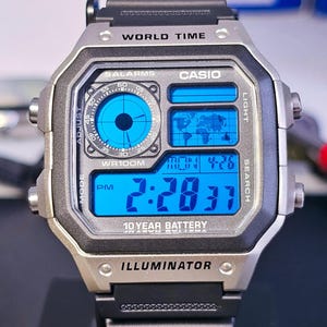 Custom Casio AE1200 Mod Watch: Unique Color Display - World Time Digital Wristwatch