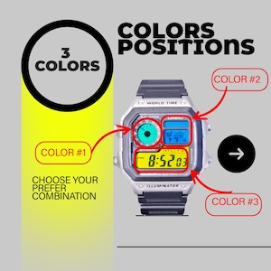 May include: Digital watch with a black strap and silver case. The watch face displays the time in yellow, with blue and green accents. The image highlights three color options for the watch.