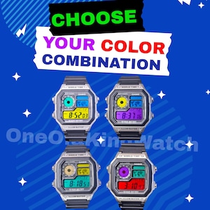 May include: Four digital watches with various color combinations are displayed against a blue background. The watches have a silver case and black band. Text at the top reads "CHOOSE YOUR COLOR COMBINATION". Each watch shows a different time.