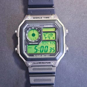 Casio AE1200 Custom Mod Watch: World Time Digital Wristwatch - Neon Green