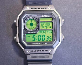Casio AE1200 Custom Mod Watch: World Time Digital Wristwatch - Neon Green