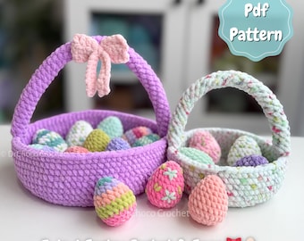 May include: Two crochet Easter baskets, one purple and one white, filled with colorful crochet eggs. The purple basket has a pink bow. The text "5-in-1 Easter Basket & Eggs" is displayed below the baskets.