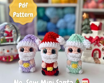 May include: Three crocheted mini Santa figures in purple, red, and green with white beards and hats. The text "Pdf Pattern" is in a yellow circle. The text "No-Sew Mini Santa" is below the figures.