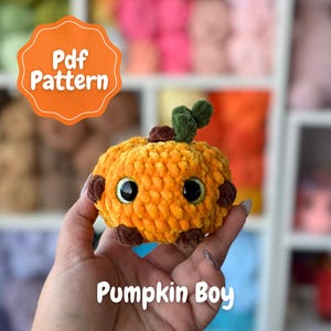 May include: A handmade, plush pumpkin toy in shades of orange, brown, and green. The pumpkin has large, black eyes and is labeled "Pumpkin Boy." The image also includes a tag that says "Pdf Pattern."
