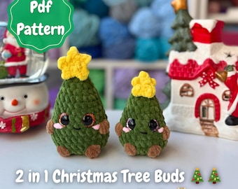 Crochet 2 in 1 Christmas Tree Buds Pattern, Amigurumi Low Sew Holiday Bundle