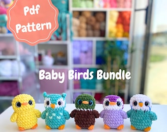May include: A collection of five crocheted baby bird figures in yellow, teal, brown, purple, and white. Each bird has large eyes and small orange feet. The image includes the text "Pdf Pattern" and "Baby Birds Bundle".