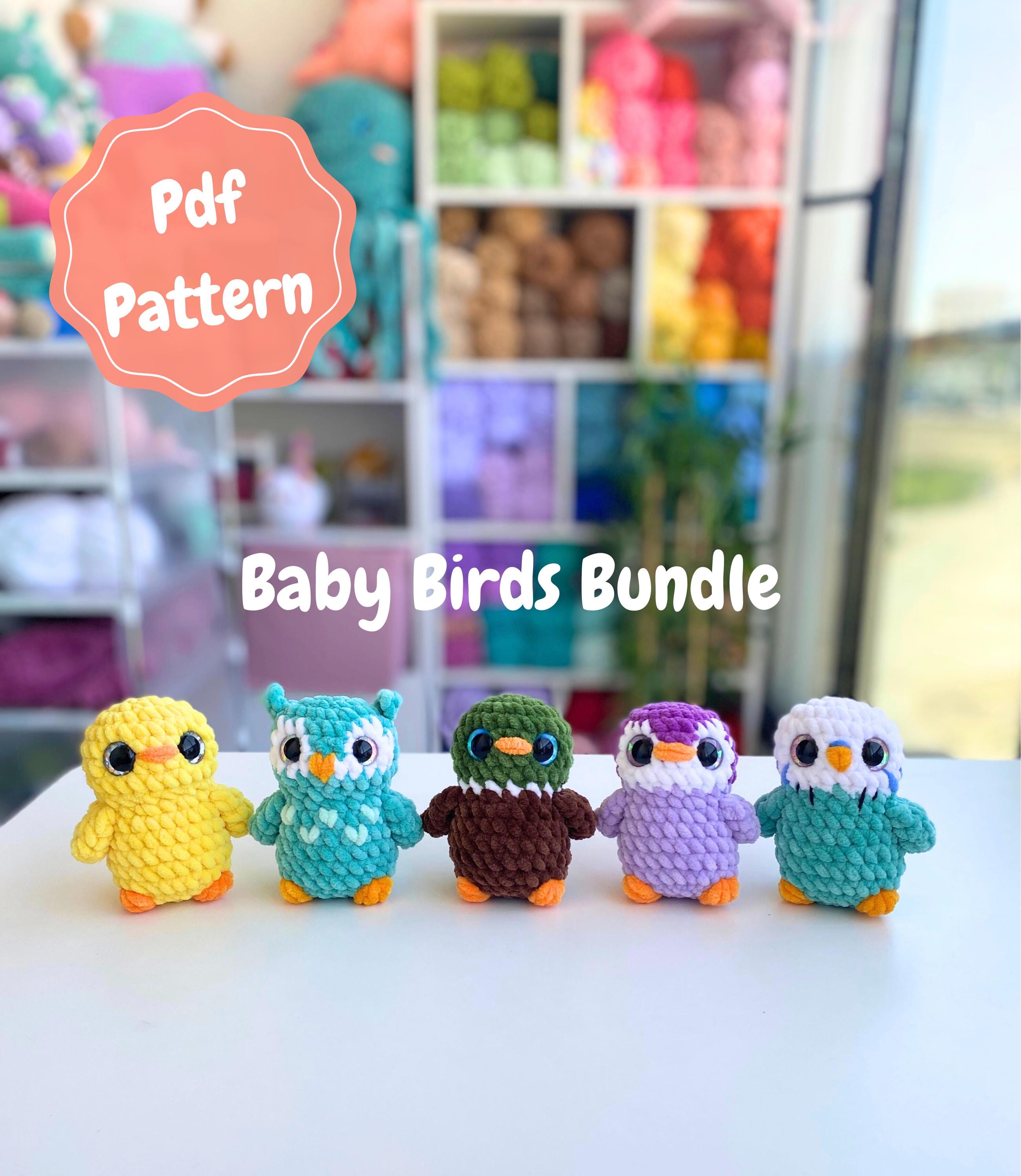 Crochet Baby Birds Pattern Bundle, Amigurumi no sew Chick, Penguin, Owl, Budgie, Mallard Duck