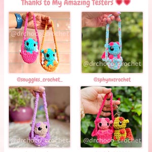 May include: A collection of handmade crochet plushies in various colors, including blue, pink, orange, and yellow. Each plushie is inside a small crocheted bag with a handle. The text "Thanks to My Amazing Testers" is at the top.