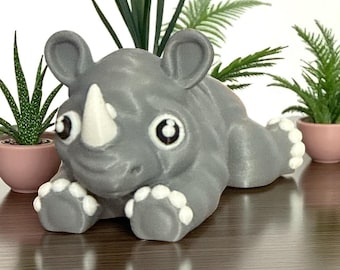 Cute Baby Rhino Articulated Figurine Adorable Wildlife Companion with Big Eyes and White Paws