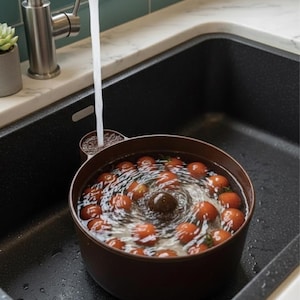 Puede incluir: Un colador marrón lleno de tomates cherry rojos en un fregadero de cocina. El agua fluye de un grifo de acero inoxidable al colador, creando un movimiento arremolinado. El fregadero es negro, y el fondo presenta una encimera blanca y azulejos turquesa.