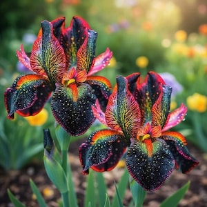 May include: Two vibrant iris flowers with intricate patterns. The petals display a striking mix of colors, including black, red, orange, yellow, and green, with delicate white speckles. The flowers are set against a blurred background of greenery and other colorful blooms.