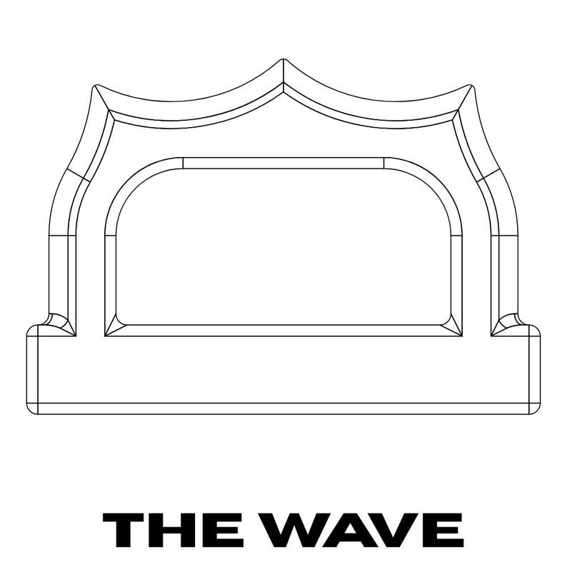 May include: A black and white line drawing of a decorative sign with a handle. The sign has a rectangular center with curved edges and a decorative top. The text "THE WAVE" is printed in bold, black letters below the sign.