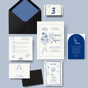 Whimsical Blue Wedding Invitation Suite | Scalloped Wedding Stationary | Trendy Wedding Invitation | Blue Wedding Menu | Save The Date