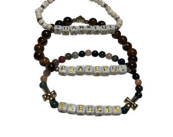 Thankful  Grateful Blessed Stackable Bracelet Set