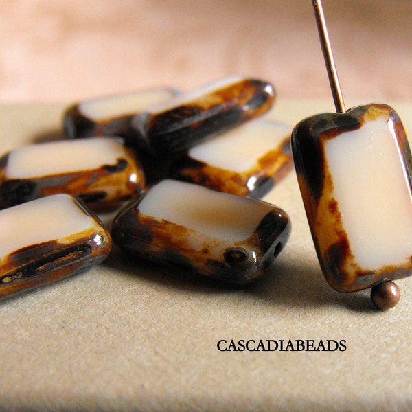 Czech Glass Bead - Picasso Rectangle - Cream Beige Coffee Brown  - 10 - 12x8mm (cab-341)
