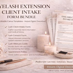 Eyelash Extension Client Intake Forms Bundle | Editable Lash Consent, Aftercare Templates