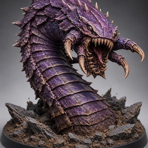 May include: A purple, segmented worm-like creature figurine with a spiked, armored back and a wide, open mouth filled with sharp, curved teeth and a red tongue. The creature emerges from a base of dark, rocky debris and jagged stone fragments.