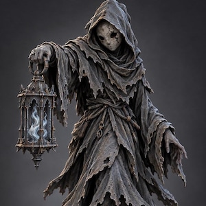 May include: A figurine of a hooded figure wearing a tattered, dark grey robe with a rope belt. The figure has a cracked, pale mask and holds an ornate, dark metal lantern containing a glowing, light blue flame that emits a soft, ethereal light.