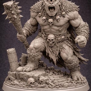 May include: A detailed sculpture of a cyclops with a single eye, open mouth, and a club. The figure is adorned with skull-shaped accessories and stands on a rocky base, showcasing a fantasy theme.
