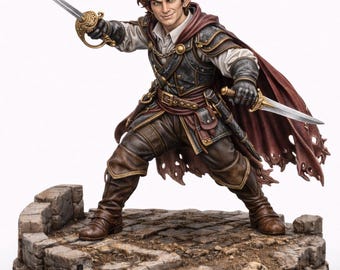 May include: A detailed figurine of an elf warrior in a dynamic pose, wielding two swords. The figure is clad in dark armor, a burgundy cape, and brown boots. The base is a stone platform, and the elf has pointed ears and brown hair.