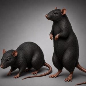 May include: Two black rats with smooth, dark fur and light brown, hairless tails. One rat is positioned in a quadrupedal stance, while the other stands upright on its hind legs. Both rodents feature small, rounded ears and dark, alert eyes.