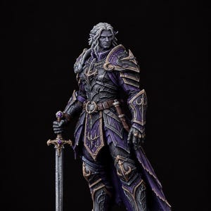 May include: A detailed fantasy figurine of a grey-skinned warrior with long white hair, wearing ornate purple and dark metallic armor with gold trim. The figure holds a long sword with a purple gem in the hilt and wears a long purple cape.