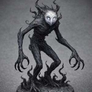 May include: A dark figurine of a creature with an owl-like face and a humanoid form. The figure is black with textured details, standing on a circular base. The creature has long, clawed hands and feet, with a smoky effect around the base. The base is approximately 5 cm in diameter.