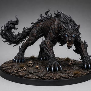 May include: A dark brown and black wolf-like creature figurine with glowing blue eyes and sharp claws, standing on a textured circular base decorated with small skulls and bone fragments, featuring a dynamic, fur-like sculpted texture.