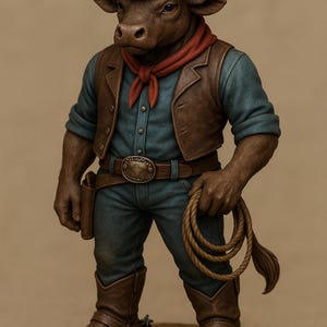 May include: A figurine of a bull-headed cowboy, wearing a brown hat, vest, and boots. He has a red neckerchief, blue shirt and jeans, and holds a rope. The figure stands on a textured, circular base.