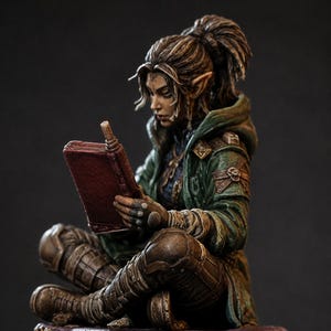 May include: A hand-painted miniature figurine of an elf with pointed ears and brown hair tied in a ponytail. The figure wears a green hooded jacket and brown armored leg coverings, sitting cross-legged while reading a small, rectangular red book.