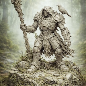 May include: A stone statue of a warrior figure stands in a forest setting. The figure is clad in detailed armor and holds a staff adorned with vines and a crystal. A bird perches on the shoulder. The statue is weathered and covered in moss.