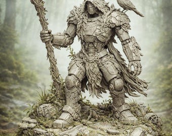 May include: A stone statue of a warrior figure stands in a forest setting. The figure is clad in detailed armor and holds a staff adorned with vines and a crystal. A bird perches on the shoulder. The statue is weathered and covered in moss.