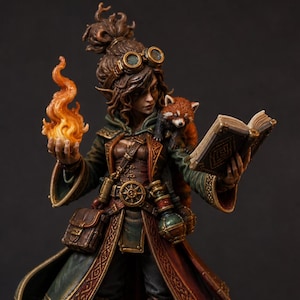 May include: A detailed miniature figurine of a character with brown hair in a bun, wearing goggles and a dark green and brown coat. The character holds a glowing orange flame in one hand and an open book in the other, with a small red panda on a shoulder.