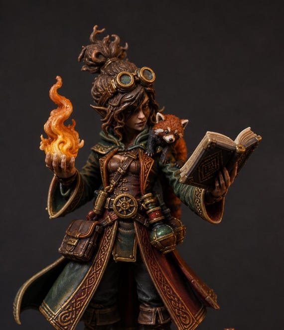 Arcane Alchemist Miniature | Fantasy Spellcaster with Red Panda Companion | D&D Miniature | Tabletop RPG Mini