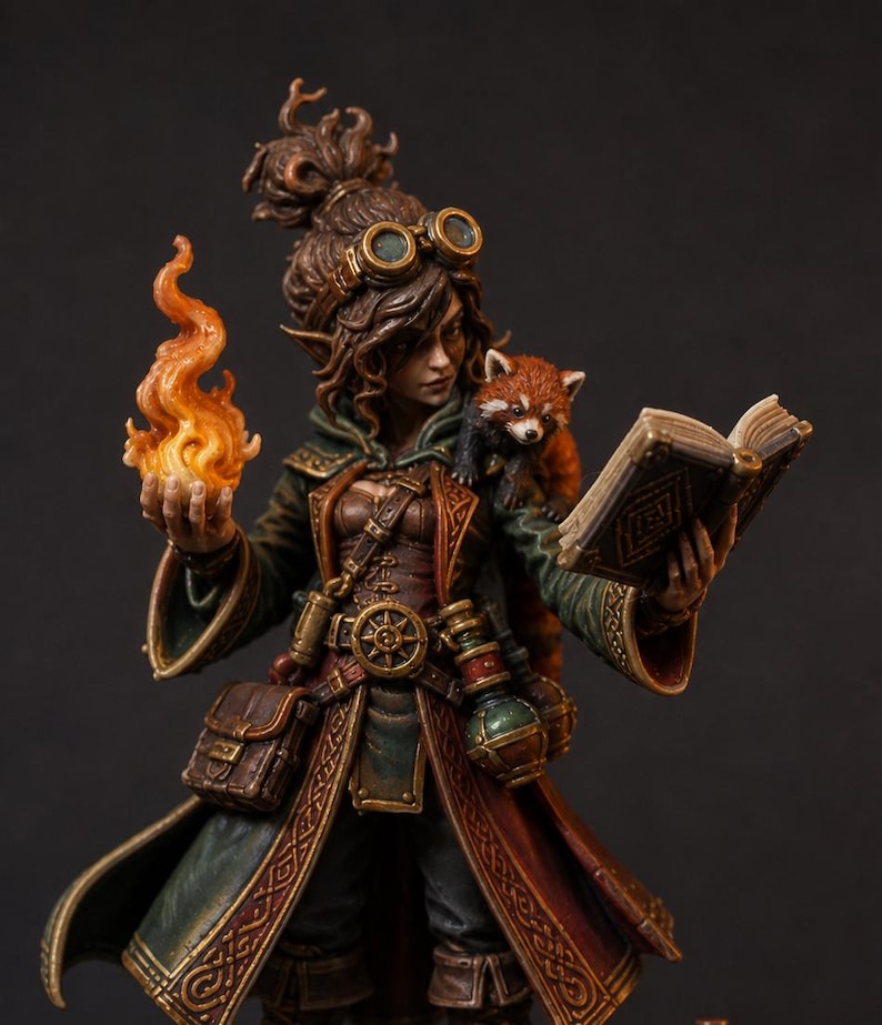 May include: A detailed miniature figurine of a character with brown hair in a bun, wearing goggles and a dark green and brown coat. The character holds a glowing orange flame in one hand and an open book in the other, with a small red panda on a shoulder.