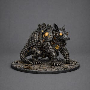 Może przedstawiać: Szczegółowa rzeźba pancernika w stylu steampunk. Ciemna metalowa figura ma skomplikowane detale mechaniczne, koła zębate i świecące żółte akcenty. Stoi na okrągłej podstawie o teksturowanym, kamiennym wyglądzie.