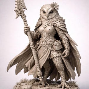 May include: A detailed figurine of an owl-headed warrior, holding a spear. The figure is clad in armour and a flowing cape, with a flower adorning its head. The base features a grassy terrain, creating a fantasy theme.