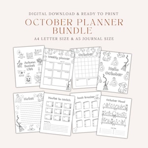 May include: A collection of printable October planner pages with a Halloween theme. The pages include a weekly planner, calendar, notes, movie tracker, book tracker, and mood tracker. The text on the pages includes "October Planner Bundle", "Hello October", and "Autumn Bucket List".
