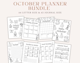 May include: A collection of printable October planner pages with a Halloween theme. The pages include a weekly planner, calendar, notes, movie tracker, book tracker, and mood tracker. The text on the pages includes "October Planner Bundle", "Hello October", and "Autumn Bucket List".