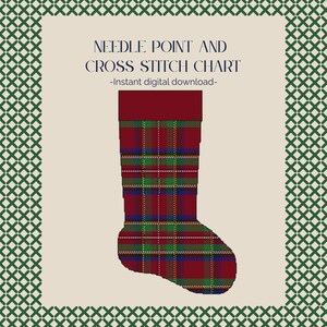 May include: A needlepoint and cross stitch chart featuring a digital illustration of a Christmas stocking with a red, green, and blue plaid pattern. The text reads NEEDLE POINT AND CROSS STITCH CHART and -Instant digital download-.
