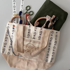 Striped Tote Bag with Stick and Stitch patterns| Embroidery Knitting Needlepoint Organizer | Pumpkin Design | Handmade Crafter Gift