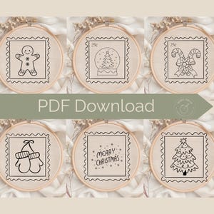 Peut inclure: Six cercles à broder avec des motifs de Noël. Chaque cercle présente un cadre en forme de timbre-poste avec une image festive différente : un bonhomme en pain d'épices, une boule à neige, des cannes en sucre, des moufles, le texte "Merry Christmas" et un sapin de Noël. Le texte "PDF Download" est également visible.